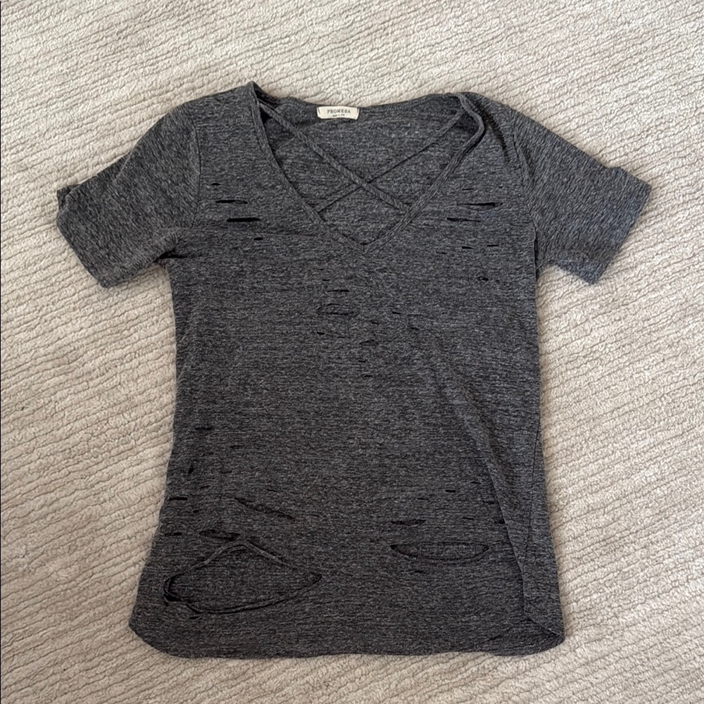 Gray Distressed V-Neck Top